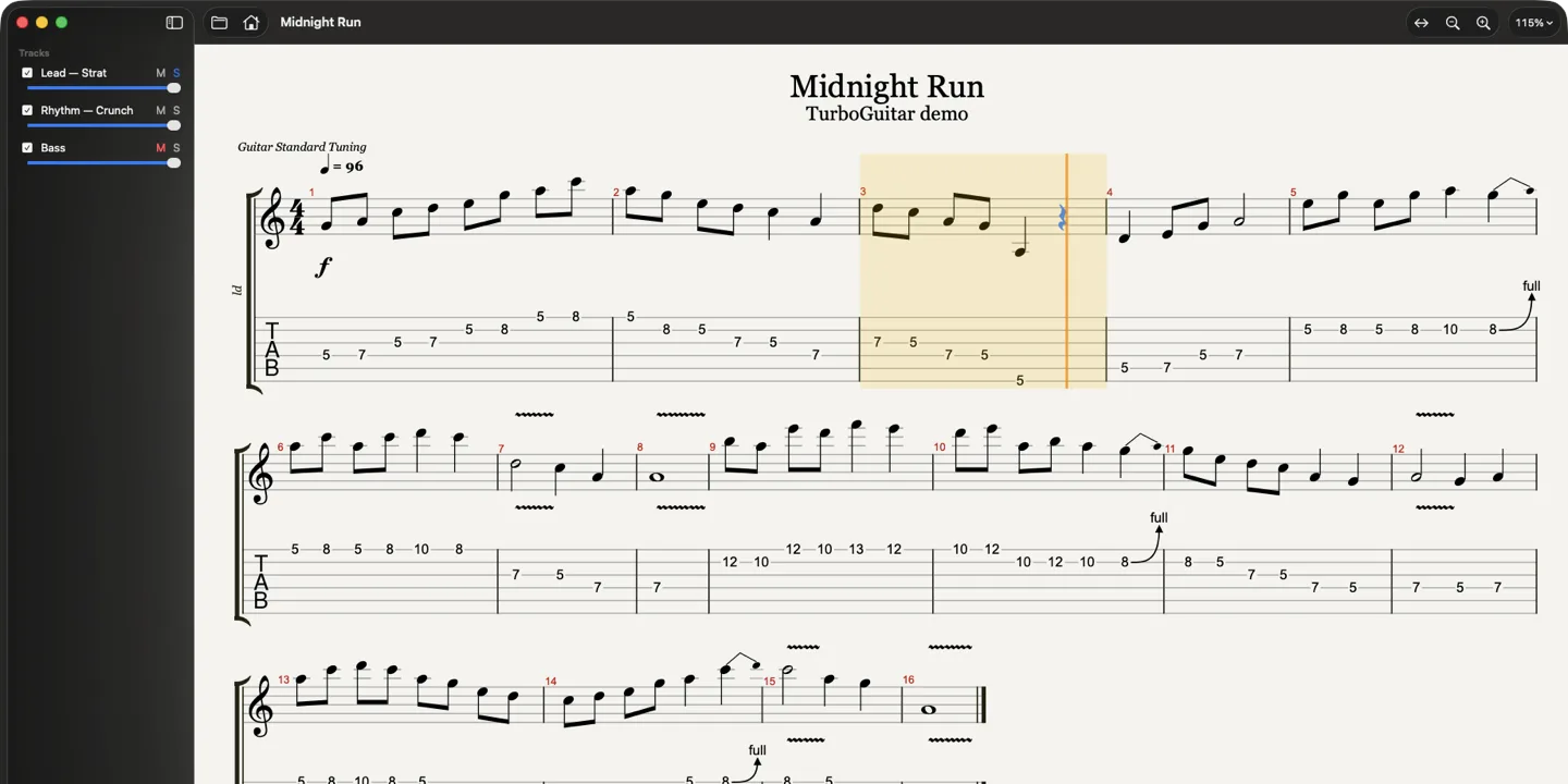 TurboGuitar — Midnight Run in notenschrift en tab, met de afspeelcursor in maat 3